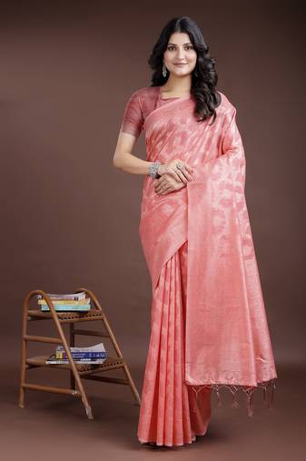 peach linen cotton woven zari work tassel saree