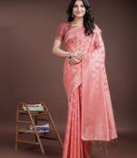 peach linen cotton woven zari work tassel saree