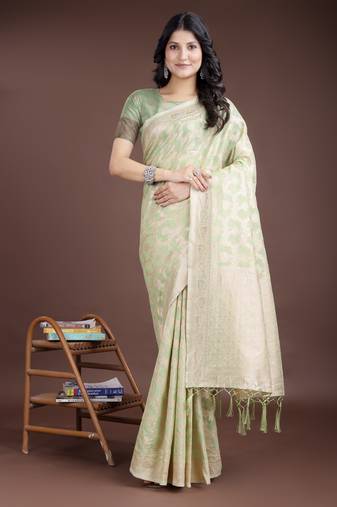 light green linen cotton woven zari work tassel saree