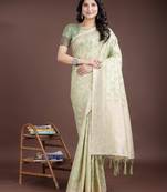 light green linen cotton woven zari work tassel saree