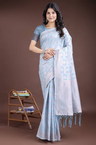 sky blue linen cotton woven zari work tassel saree