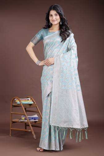 sea green linen cotton woven zari work tassel saree