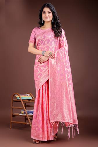 pink linen cotton woven zari work tassel saree