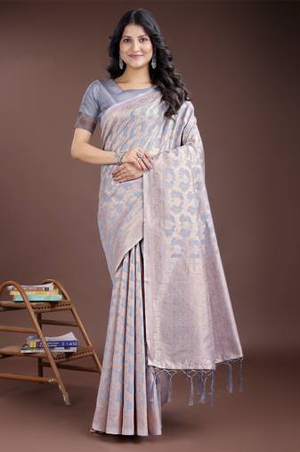 grey linen cotton woven zari work tassel saree