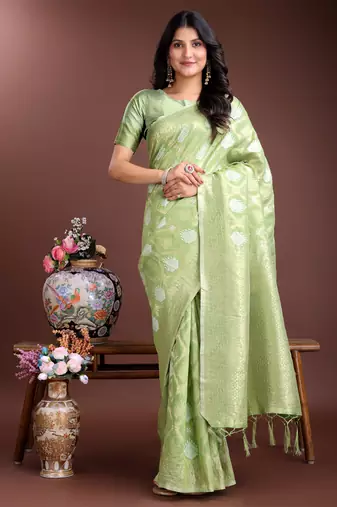 light green cotton woven zari work tassel saree