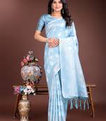 sky blue cotton woven zari work tassel saree