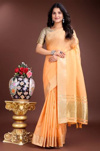 orange organza woven zari work tassel saree