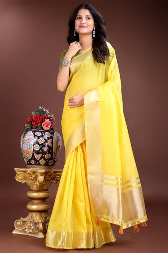 yellow organza woven zari work tassel saree