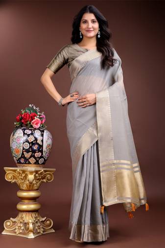 grey organza woven zari work tassel saree