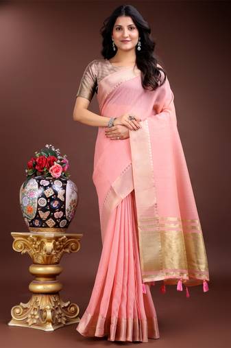 pink organza woven zari work tassel saree