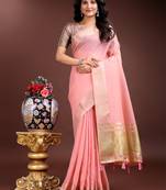 pink organza woven zari work tassel saree