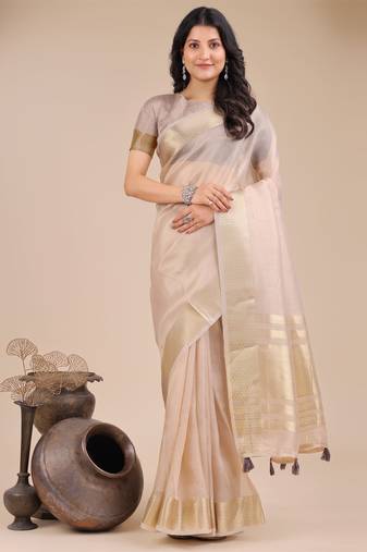 light pink organza woven zari work tassel saree