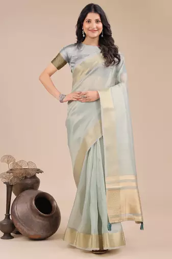 sea green organza woven zari work tassel saree
