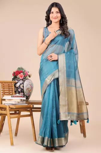 sea green organza woven zari work tassel saree