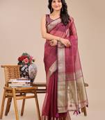 magenta organza woven zari work tassel saree