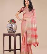 peach organza woven zari work tassel saree