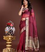 magenta organza woven zari work tassel saree