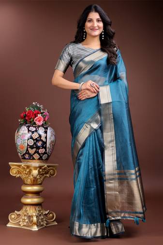 sea green organza woven zari work tassel saree