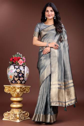 silver organza woven zari work tassel saree