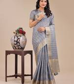 sky blue organza woven zari work tassel saree