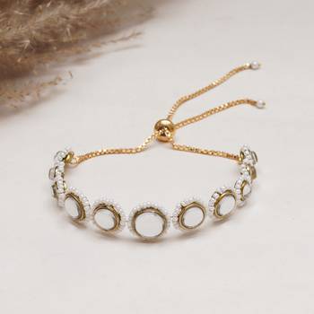 Golden circular kundan with white pearls adjustable bracelet 1