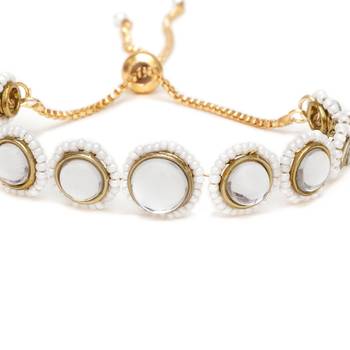 Golden circular kundan with white pearls adjustable bracelet 4