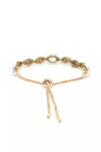 Golden oval shape kundan & white pearl adjustable bracelet