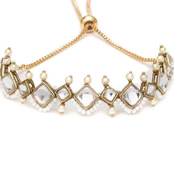 Golden kite shaped kundan with white pearls adjustable bracelet 4