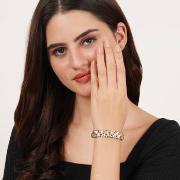 Golden double layer tilak kundan with white pearls adjustable bracelet 2