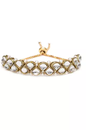 Golden triangle kundan with white pearls adjustable bracelet