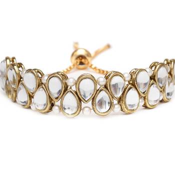 Golden double layer tilak kundan with white pearls adjustable bracelet 4