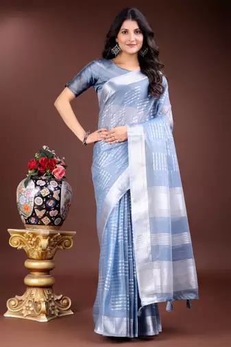 sky blue organza woven zari work tassel saree