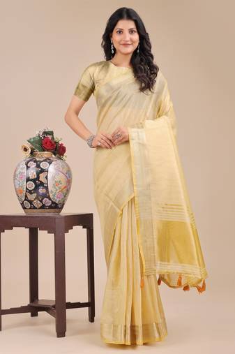 yellow organza woven zari work tassel saree