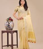 yellow organza woven zari work tassel saree