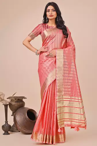 orange organza woven zari work tassel saree