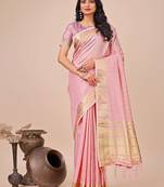 peach organza woven zari work tassel saree