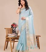 sky blue organza woven zari work tassel saree