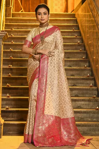 pink Banarasi Silk woven zari work tassel saree