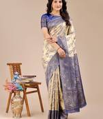 cream & navy blue banarasi Silk blend woven zari work tassel saree