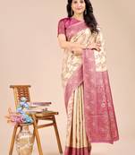 cream & magenta banarasi Silk blend woven zari work tassel saree