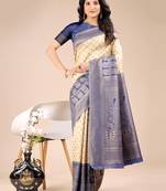 cream & navy blue banarasi Silk blend woven zari work tassel saree