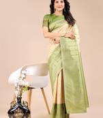 cream & light green banarasi Silk blend woven zari work tassel saree