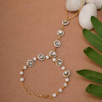 Golden round kundan with white pearls adjustable hathphool bracelet 1