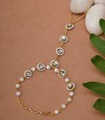 Golden round kundan with white pearls adjustable hathphool bracelet