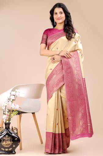 cream & magenta banarasi Silk blend woven zari work tassel saree