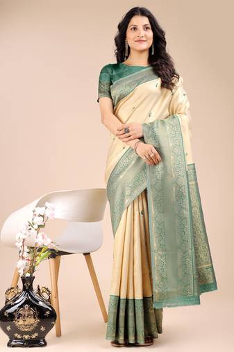 cream & green banarasi Silk blend woven zari work tassel saree