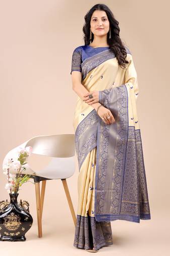cream & navy blue banarasi Silk blend woven zari work tassel saree