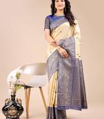 cream & navy blue banarasi Silk blend woven zari work tassel saree