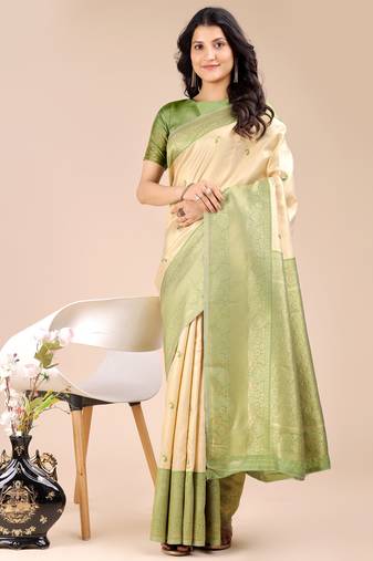 cream & light green banarasi Silk blend woven zari work tassel saree