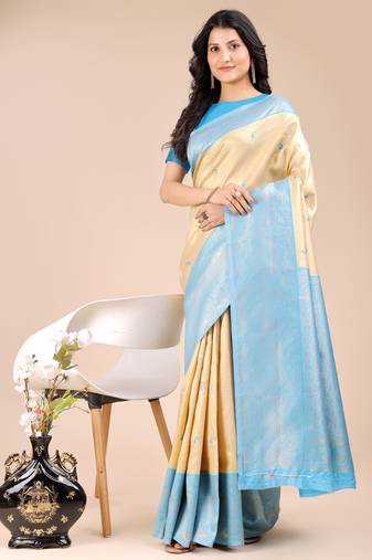 cream & sky blue banarasi Silk blend woven zari work tassel saree